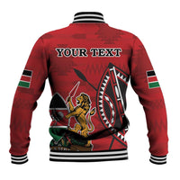 Red baseball jacket with striped collar, cuffs, Kenyan crest, and 'YOUR TEXT' back print