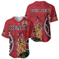 Red baseball jersey set showing front Kenya text and back 'YOUR TEXT', lion crest pattern