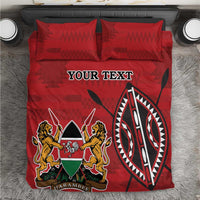 Red bedding set with duvet and two pillowcases, 'YOUR TEXT' centered with circular emblem