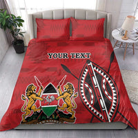 Red bedding set with duvet and two pillowcases, 'YOUR TEXT' and crest with circular symbol