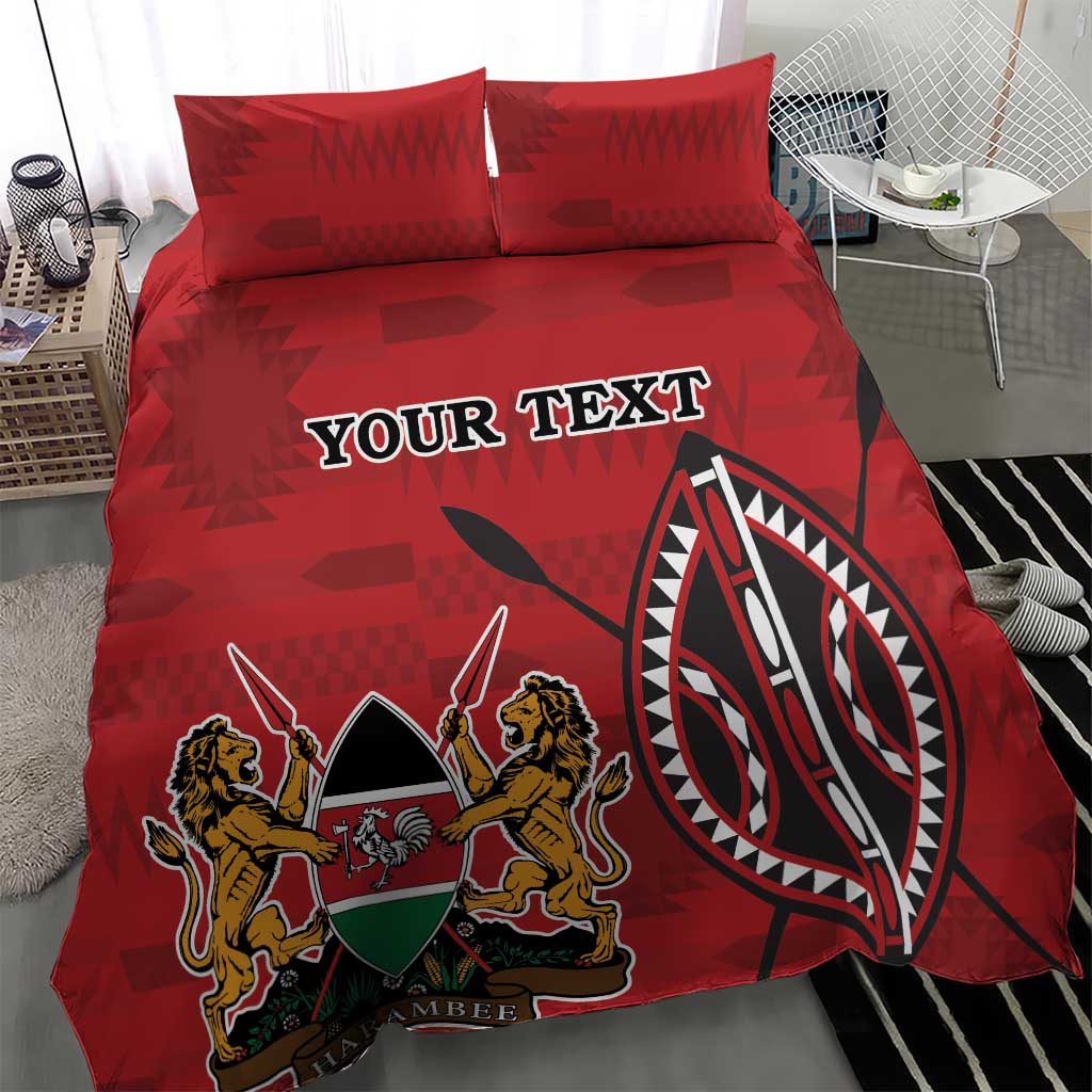 Red bedding set with duvet and two pillowcases, 'YOUR TEXT' and large circular emblem
