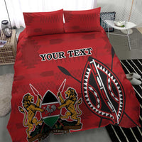 Red bedding set with duvet and two pillowcases, 'YOUR TEXT' and large circular emblem