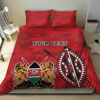 Red bedding set with duvet and two pillowcases, 'YOUR TEXT' across the center