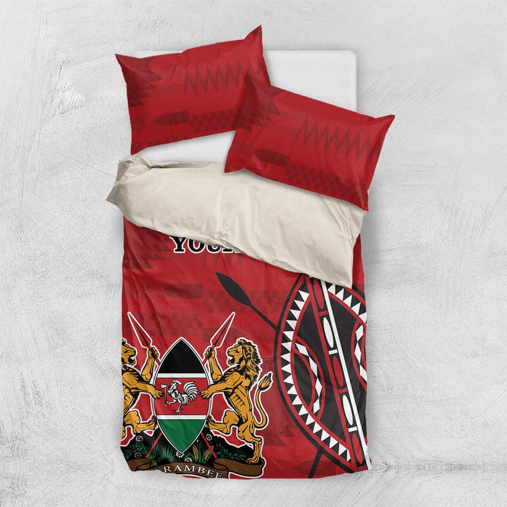 Red bedding set with duvet and two pillowcases, partial 'YOUR TEXT' and crest emblem