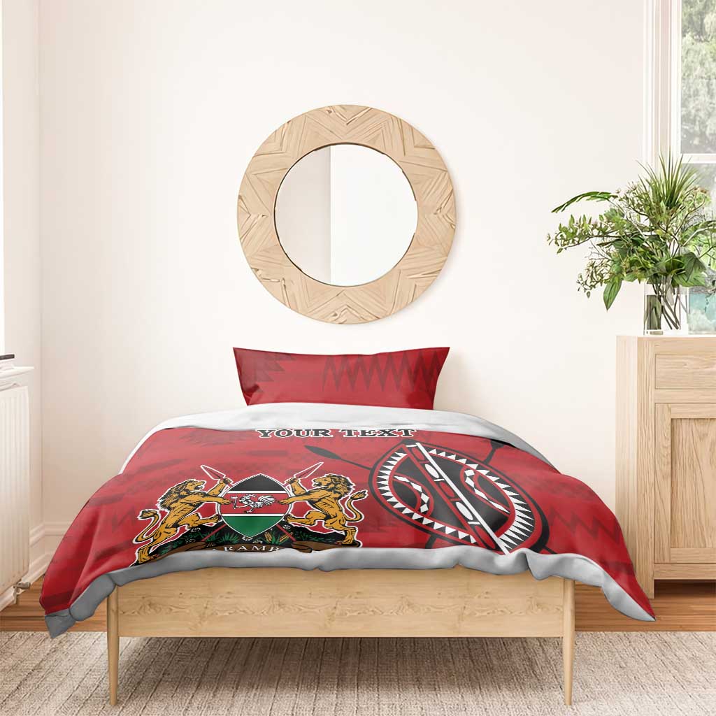 Red bedding set with duvet and two pillowcases, shield crest and 'YOUR TEXT' print