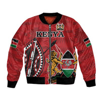 Red bomber jacket with Kenya crest graphic, black ribbed collar and cuffs, front zipper