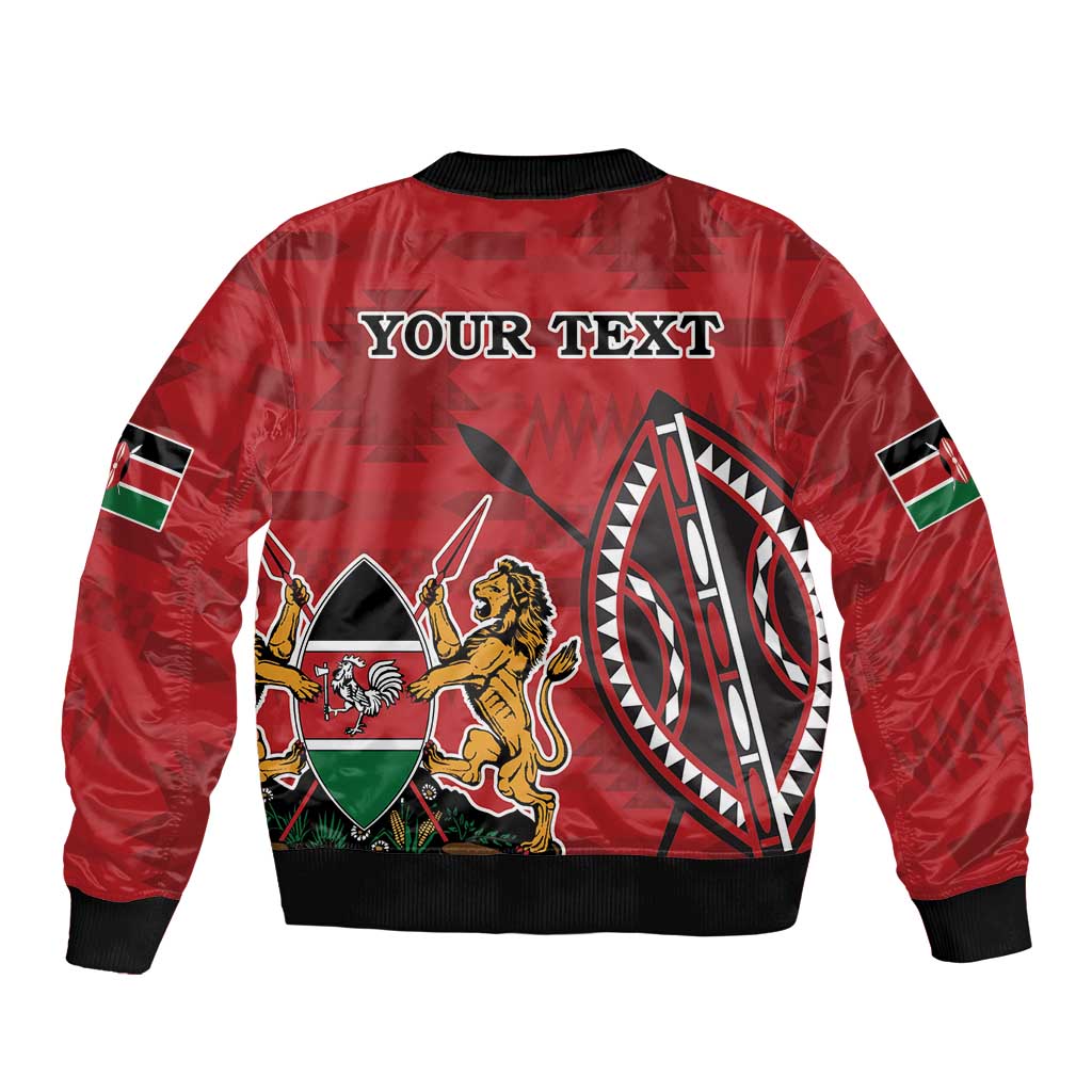Red bomber jacket with custom text back graphic, black ribbed collar and cuffs, front zipper