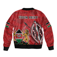Red bomber jacket with custom text back graphic, black ribbed collar and cuffs, front zipper
