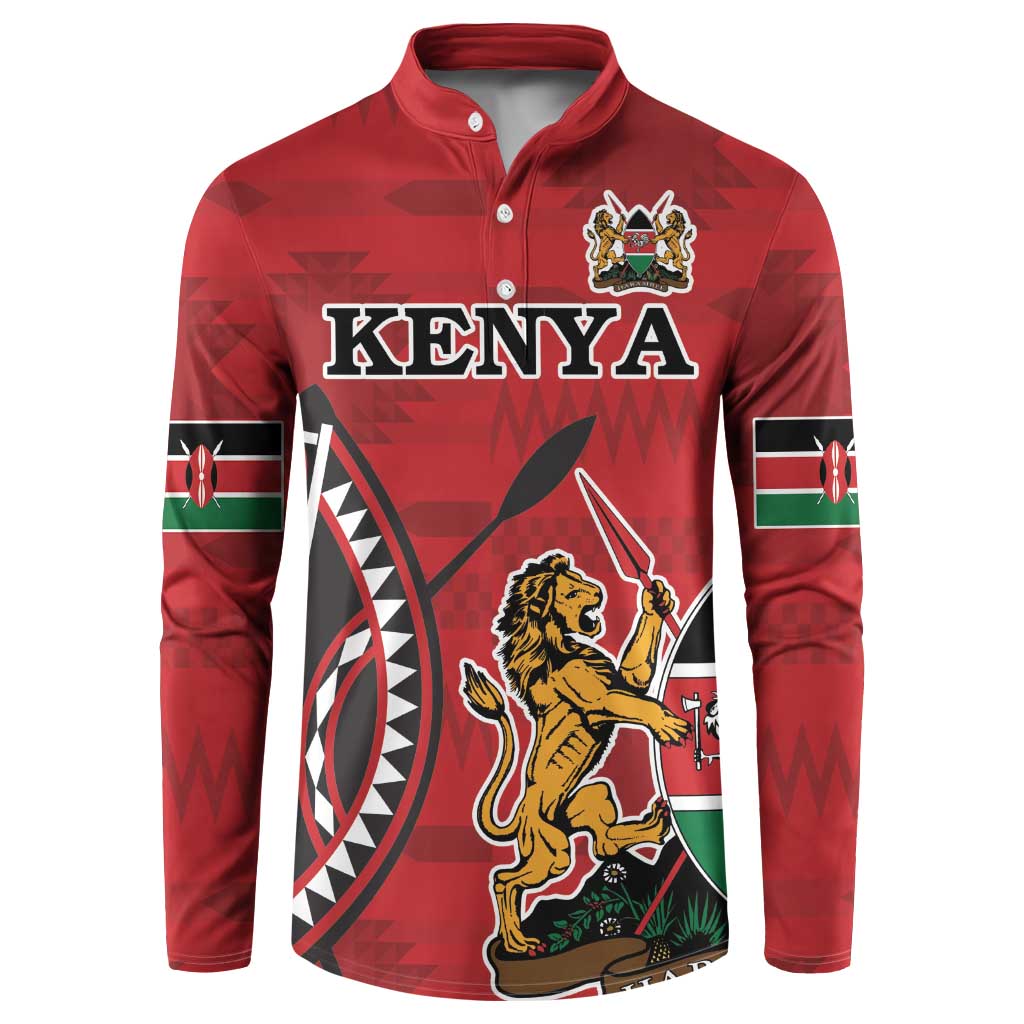 Red button-front sweatshirt with Kenya crest and lion graphic on front