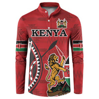 Red button-front sweatshirt with Kenya crest and lion graphic on front