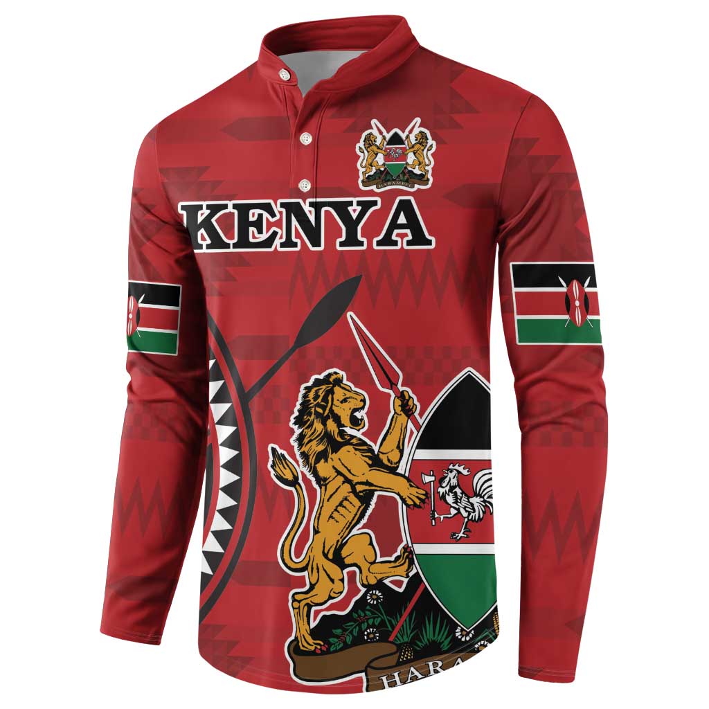 Red button-front sweatshirt with Kenya text, crest, lion graphic, and flag sleeve panels