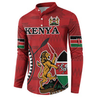 Red button-front sweatshirt with Kenya text, crest, lion graphic, and flag sleeve panels