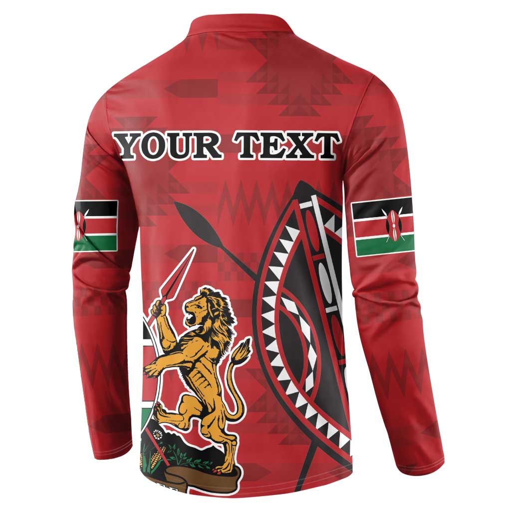 Red button-front sweatshirt back with 'YOUR TEXT' and lion crest graphic