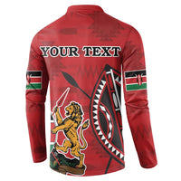 Red button-front sweatshirt back with 'YOUR TEXT' and lion crest graphic