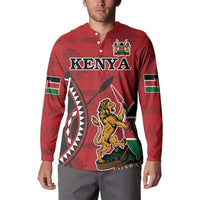 Red button-front sweatshirt with Kenya text, lion crest, and shield graphic