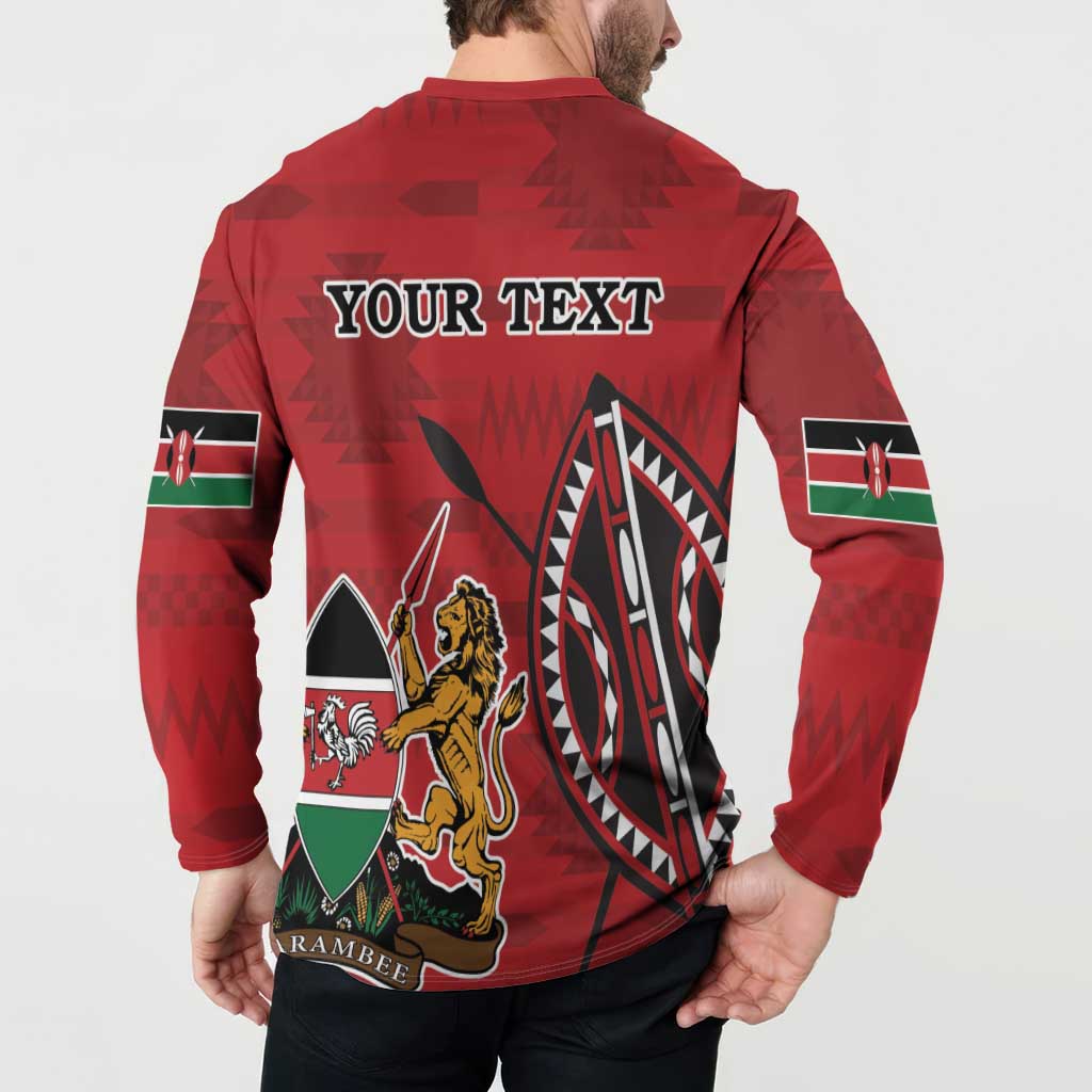 Red button-front sweatshirt back with 'YOUR TEXT' and lion crest with flag sleeve panels