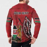 Red button-front sweatshirt back with 'YOUR TEXT' and lion crest with flag sleeve panels