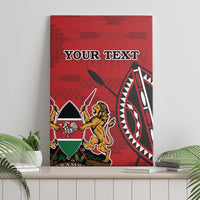 Red Kenya coat of arms canvas wall art with large “YOUR TEXT” and shield, lion design