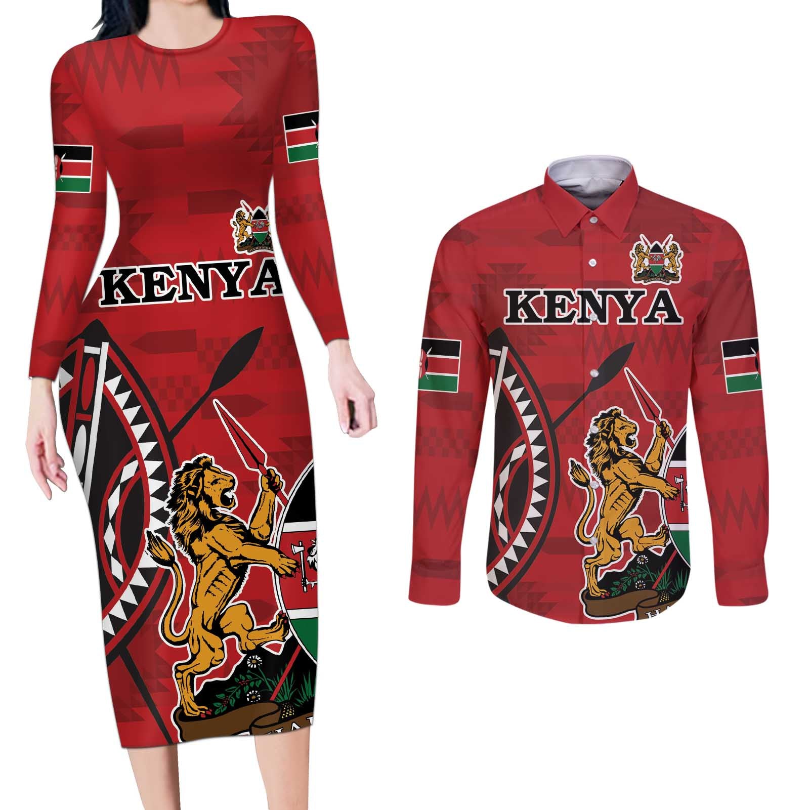 Personalized Kenya Coat Of Arms Couples Matching Long Sleeve Bodycon Dress and Long Sleeve Button Shirt Ethnic Seamless Pattern