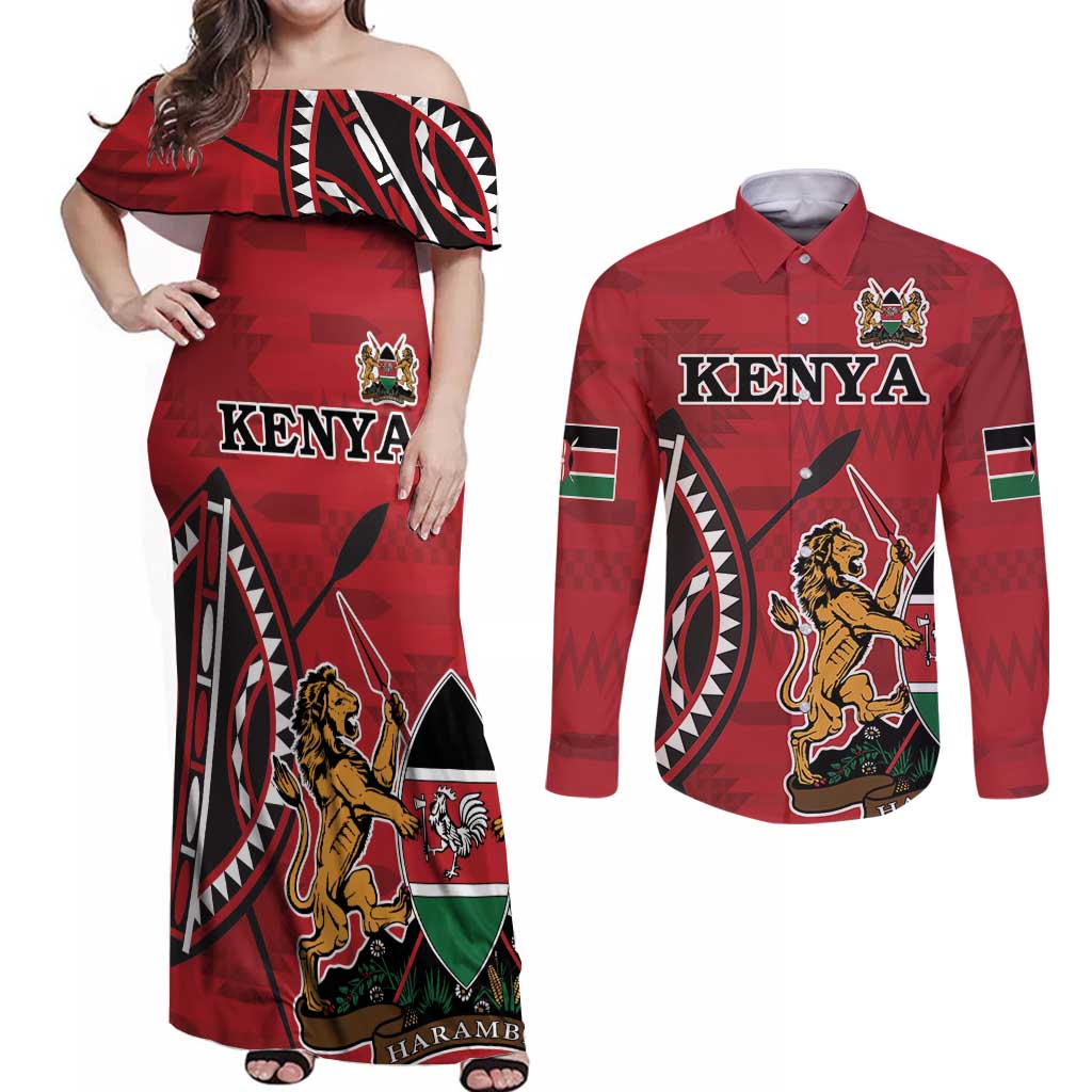 Personalized Kenya Coat Of Arms Couples Matching Off Shoulder Maxi Dress and Long Sleeve Button Shirt Ethnic Seamless Pattern