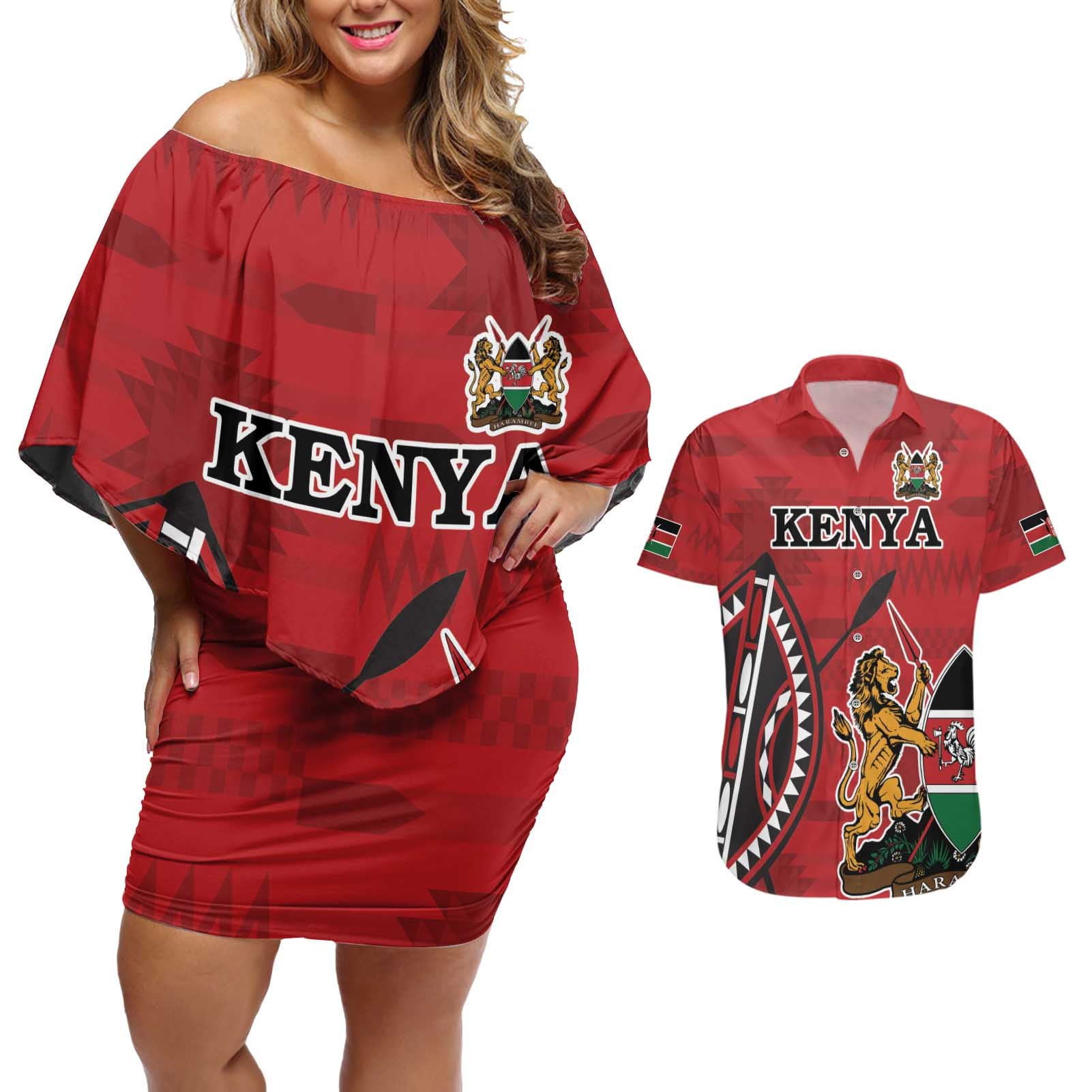 Personalized Kenya Coat Of Arms Couples Matching Off Shoulder Short Dress and Hawaiian Shirt Ethnic Seamless Pattern