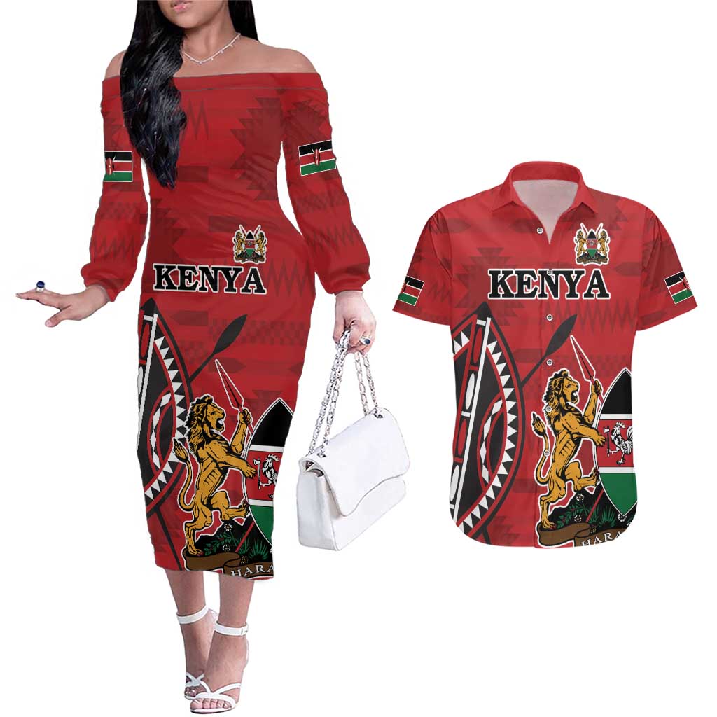 Personalized Kenya Coat Of Arms Couples Matching Off The Shoulder Long Sleeve Dress and Hawaiian Shirt Ethnic Seamless Pattern