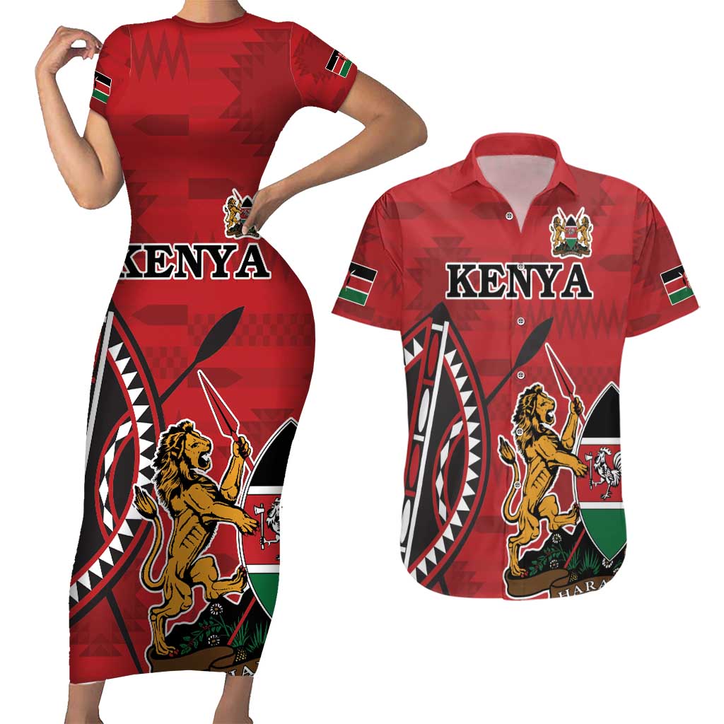 Personalized Kenya Coat Of Arms Couples Matching Short Sleeve Bodycon Dress and Hawaiian Shirt Ethnic Seamless Pattern