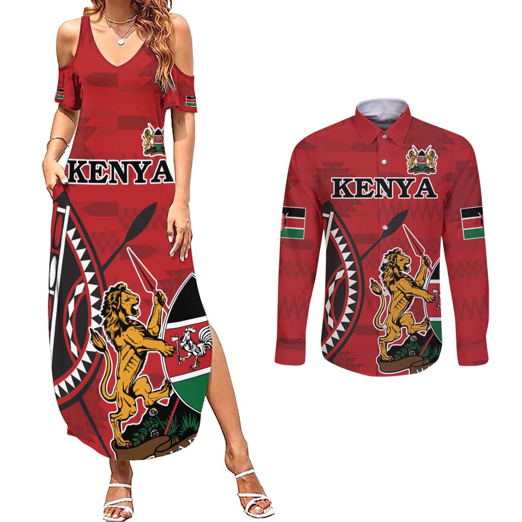 Personalized Kenya Coat Of Arms Couples Matching Summer Maxi Dress and Long Sleeve Button Shirt Ethnic Seamless Pattern