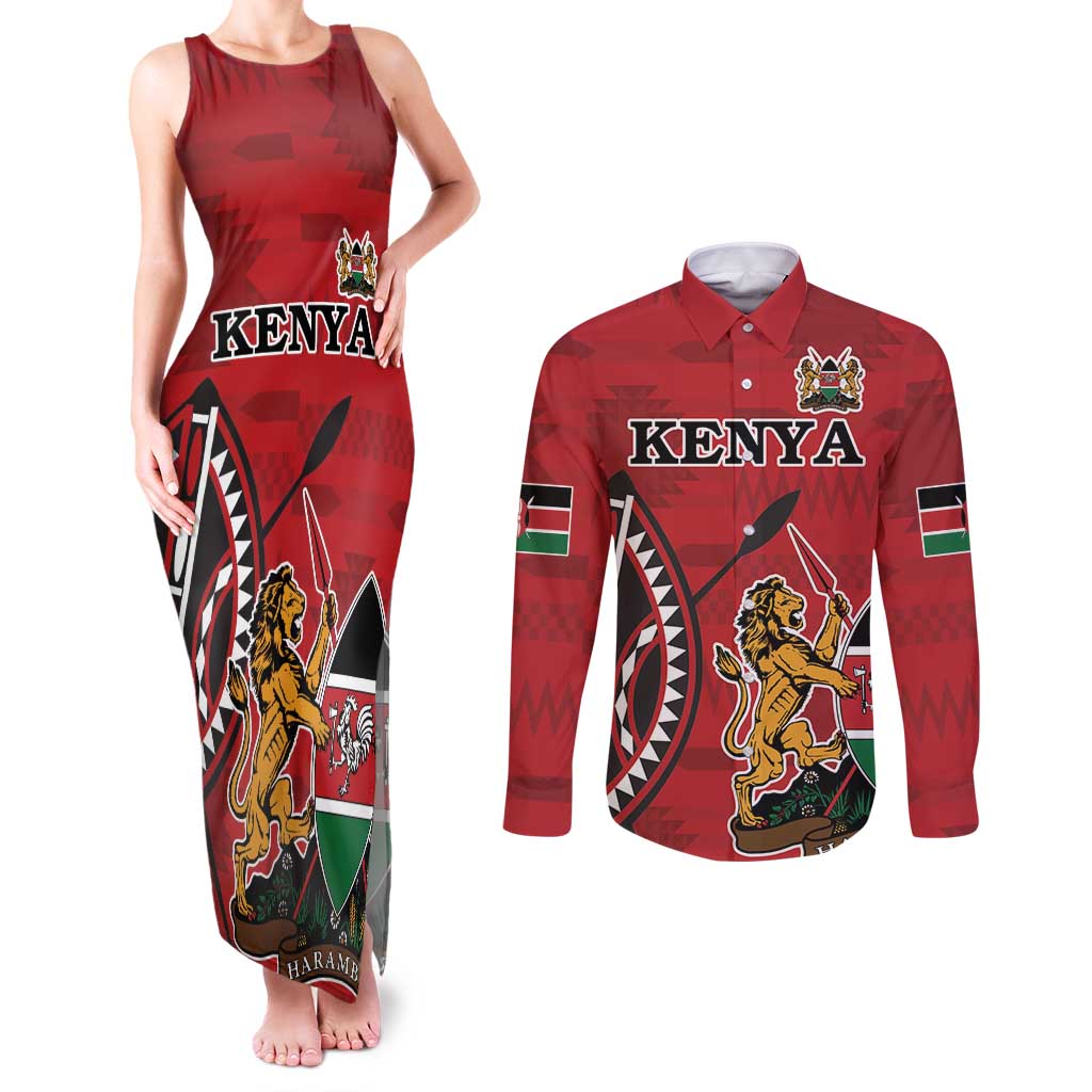 Personalized Kenya Coat Of Arms Couples Matching Tank Maxi Dress and Long Sleeve Button Shirt Ethnic Seamless Pattern