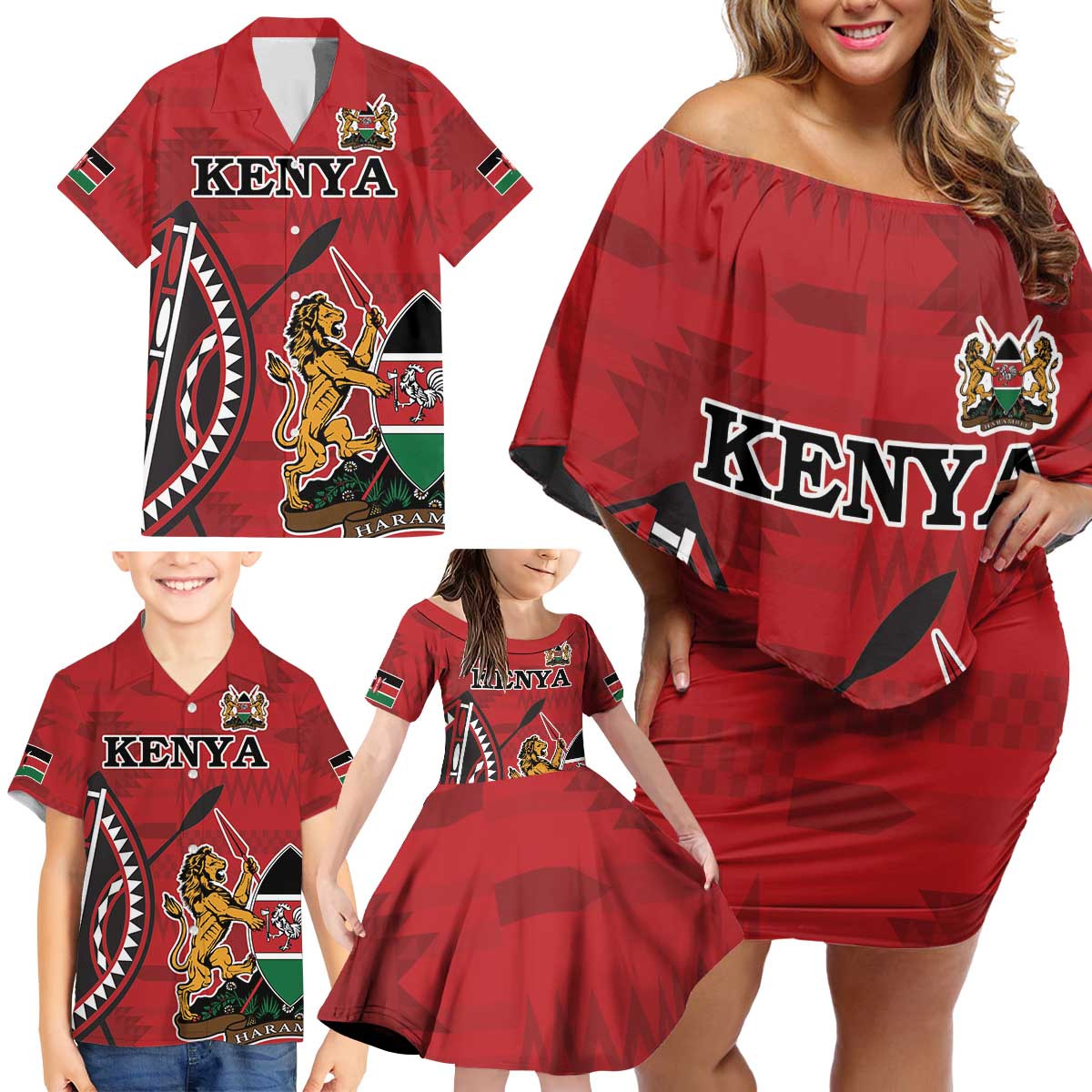 Personalized Kenya Coat Of Arms Family Matching Off Shoulder Short Dress and Hawaiian Shirt Ethnic Seamless Pattern