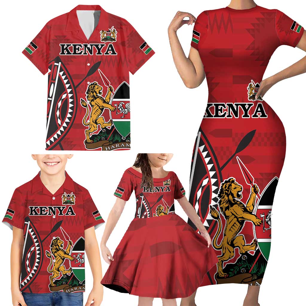 Personalized Kenya Coat Of Arms Family Matching Short Sleeve Bodycon Dress and Hawaiian Shirt Ethnic Seamless Pattern