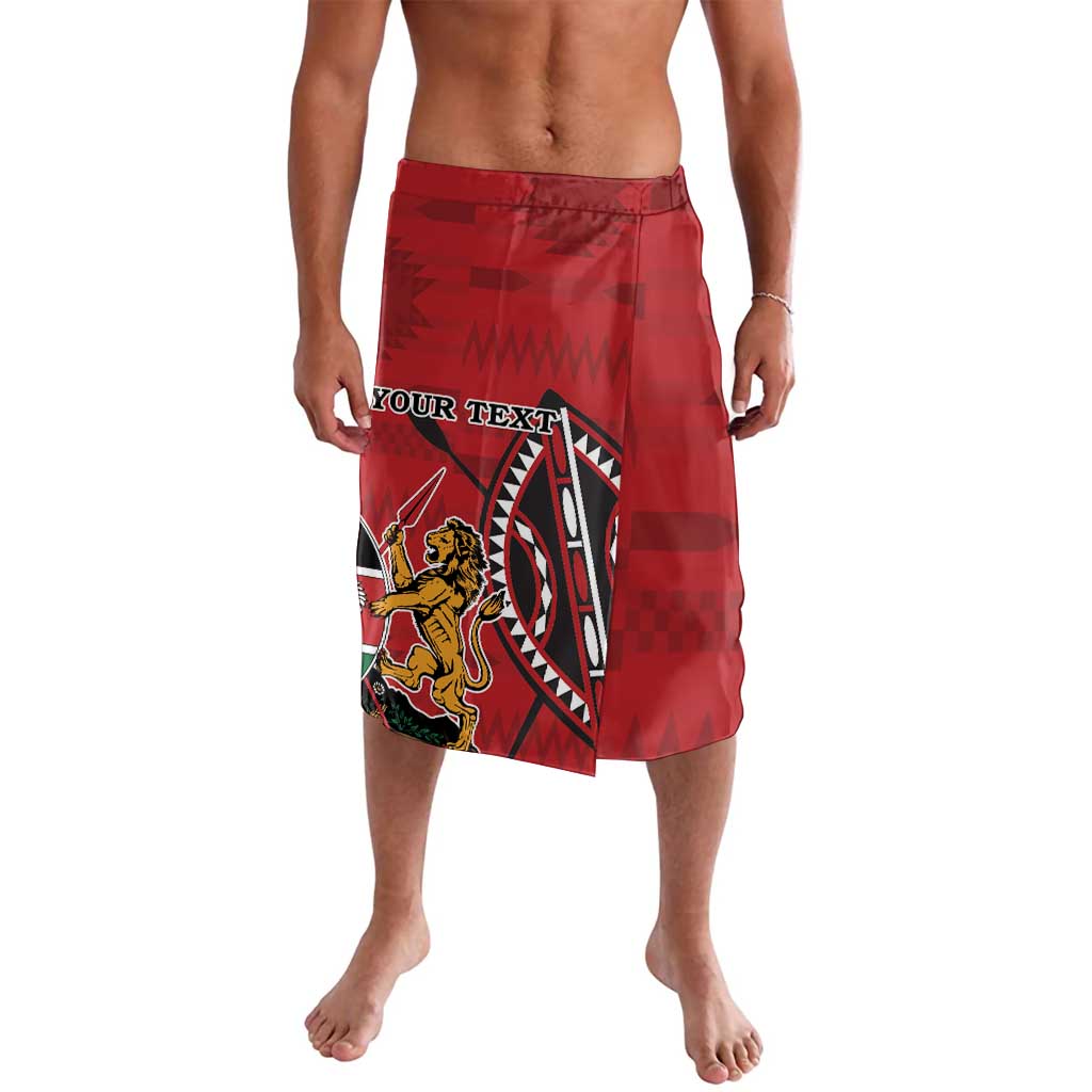 Red lavalava-style shorts with Kenya coat of arms graphic and custom text