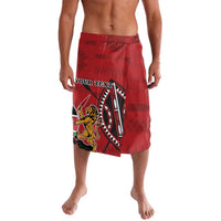 Red lavalava-style shorts with Kenya coat of arms graphic and custom text
