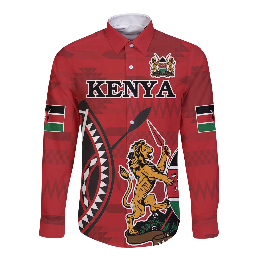 Red long-sleeve button shirt front with KENYA text and coat of arms graphic
