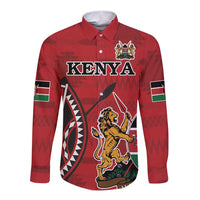Red long-sleeve button shirt front with KENYA text and coat of arms graphic