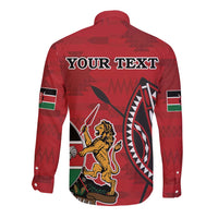 Red long-sleeve button shirt with large back coat of arms and tribal pattern