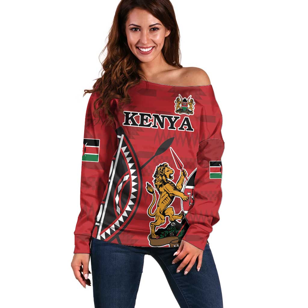 Personalized Kenya Coat Of Arms Off Shoulder Sweater Ethnic Seamless Pattern - Wonder Print Shop