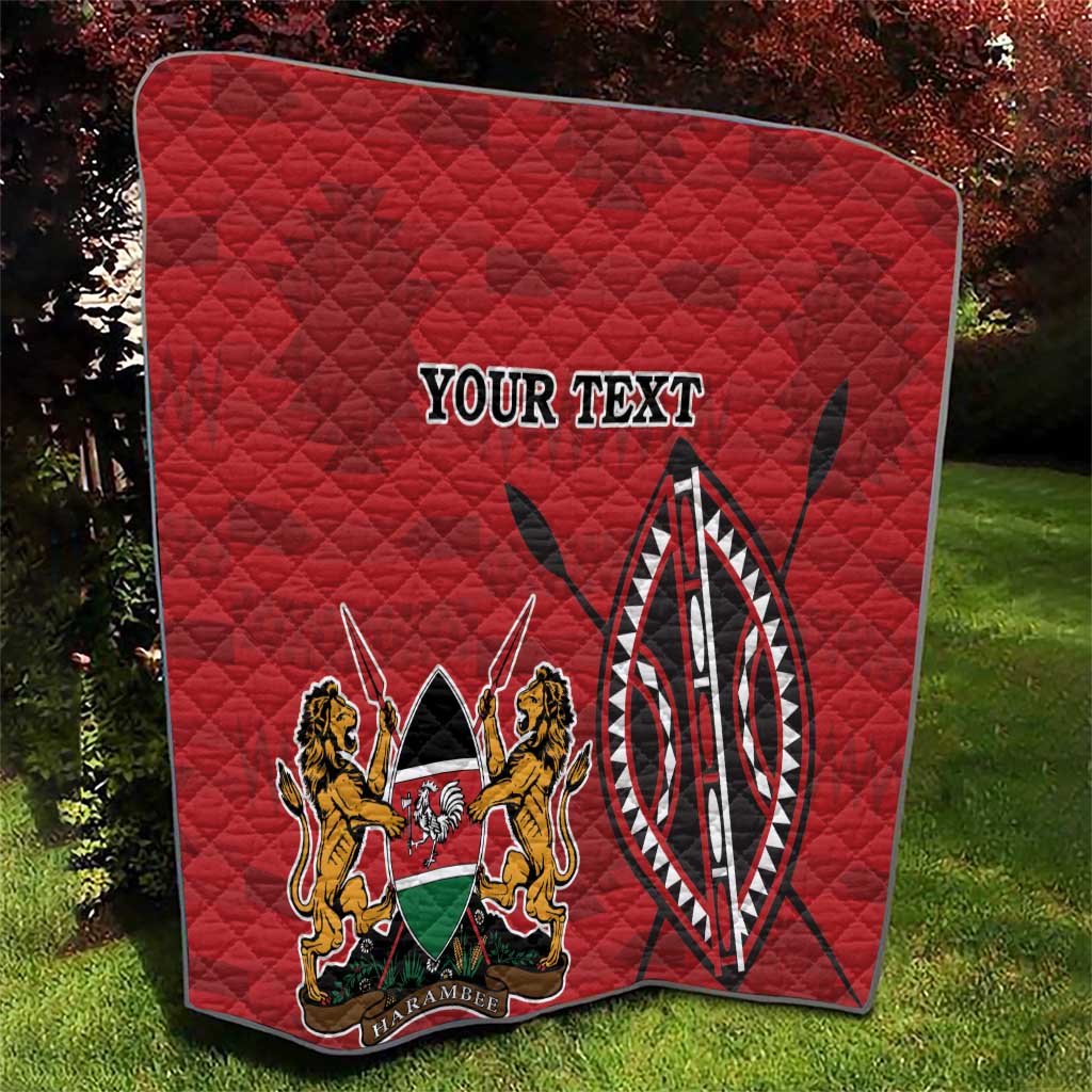 Red quilt with quilted diamonds, Kenya coat of arms emblem and “YOUR TEXT”