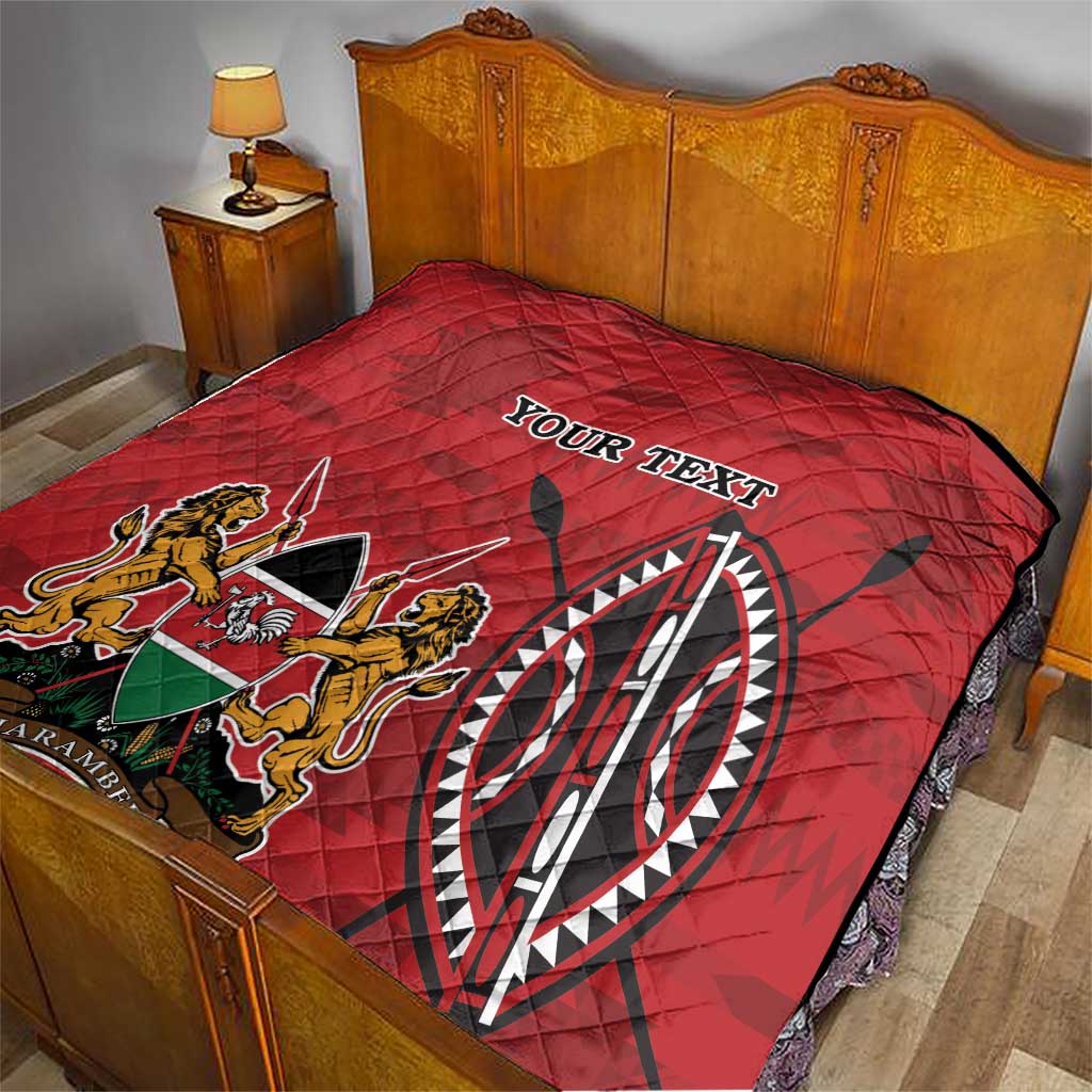 Red quilt blanket with quilted pattern, Kenya coat of arms emblem and “YOUR TEXT”
