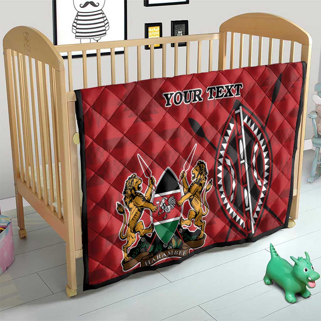 Red quilt with diamond stitching, Kenya coat of arms emblem and “YOUR TEXT” for bed