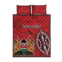 Red quilt bed set with two pillowcases, 'YOUR TEXT' and Kenya coat of arms design