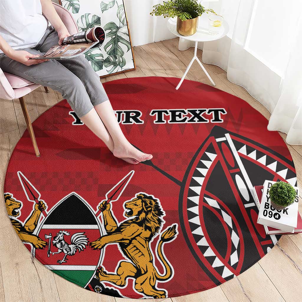 Red circular rug with Kenya coat of arms lion, shield elements, and custom text