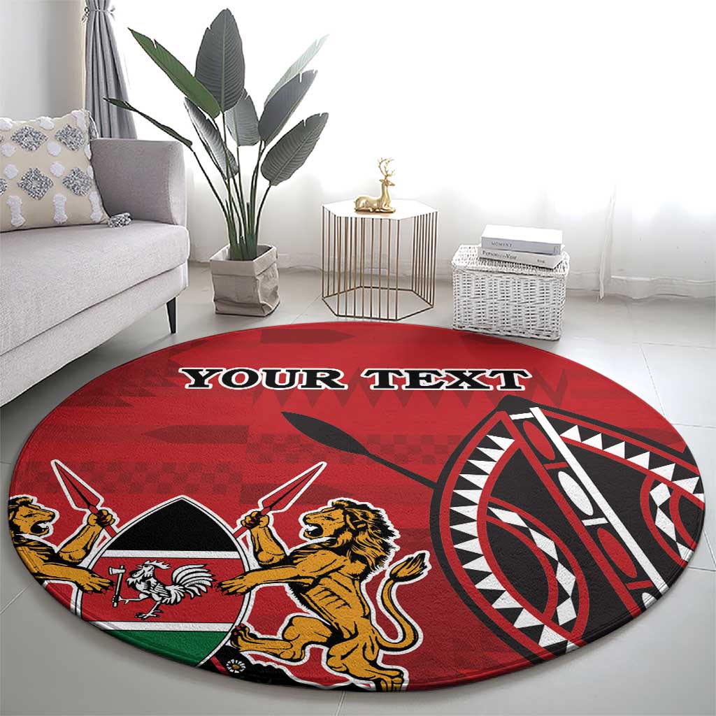 Red round rug with Kenya coat of arms, lion figure and custom text, full view