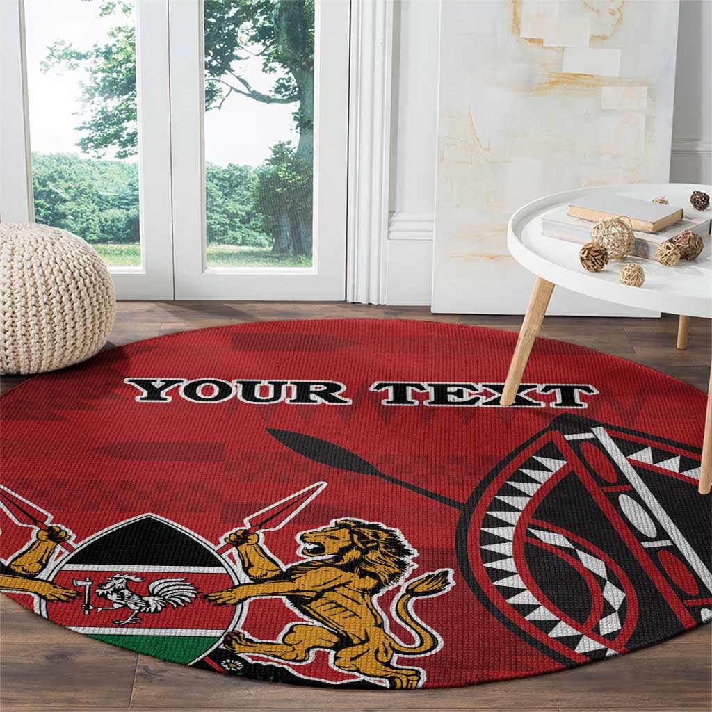 Red round carpet rug showing Kenya coat of arms lion and custom text near border