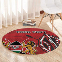 Red round carpet rug with Kenya coat of arms lion, shield motifs, and custom text