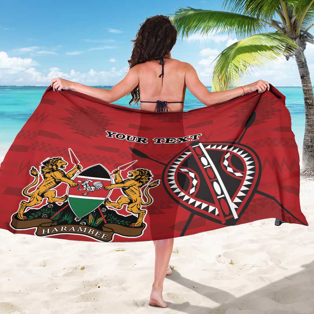 Red sarong with coat of arms emblem and 'YOUR TEXT' graphic across back