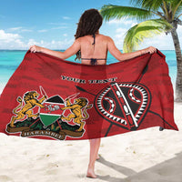 Red sarong with coat of arms emblem and 'YOUR TEXT' graphic across back