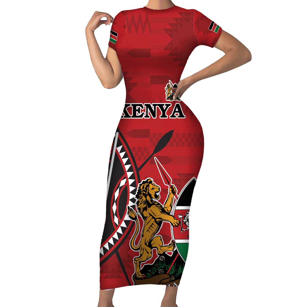 Personalized Kenya Coat Of Arms Short Sleeve Bodycon Dress Ethnic Seamless Pattern