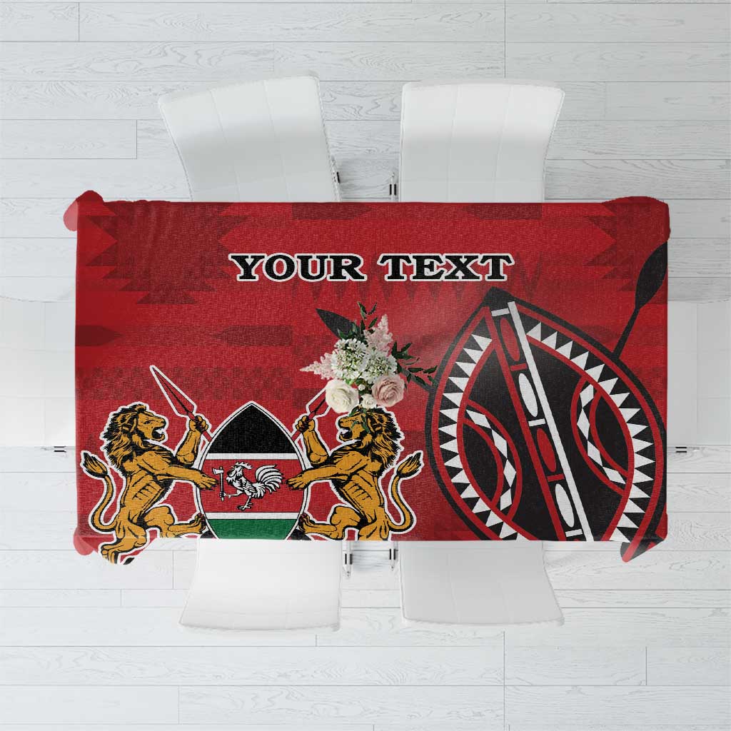 Red tablecloth with blank 'YOUR TEXT' area and Kenya coat-of-arms illustration
