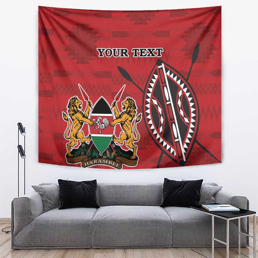 Red Kenya coat of arms tapestry featuring lions holding a shield, plus circular emblem and 'YOUR TEXT'.